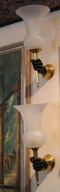 RARE PAIR OF BRONZE HAND SCONCES-ATTRIBUTED TO MAISON JANSEN-CIRCA 1960's