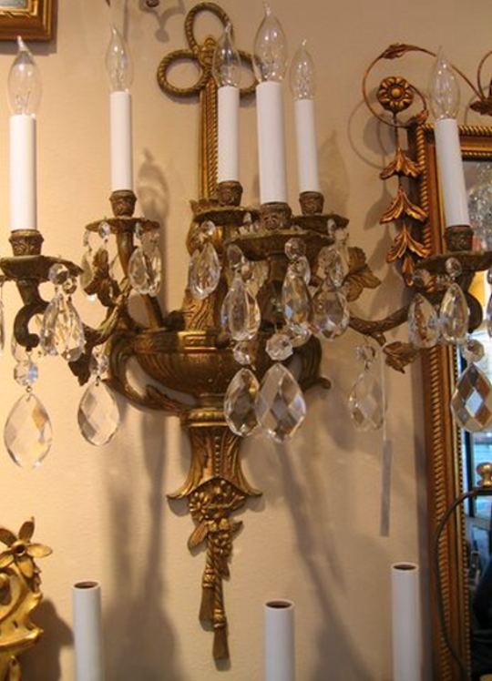 Large (pair) of 6 light brass and crystal sconces