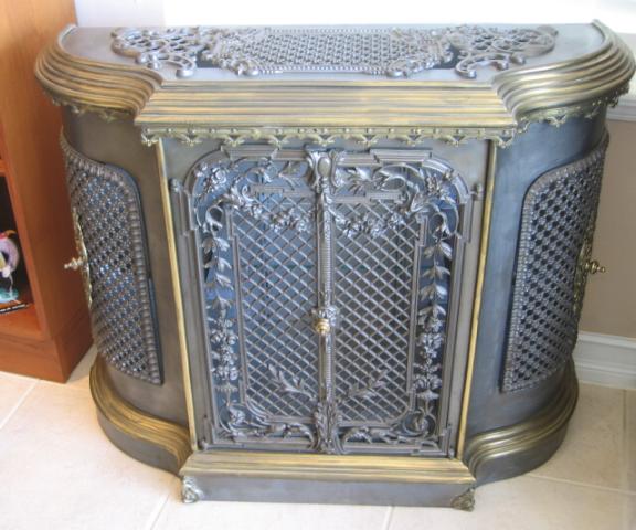 ANTIQUE RARE ORNATE IRON/BRASS RADIATOR COVER-CONSOLE