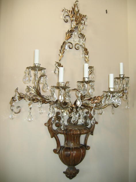 Italian Tole Wood/Crystal Sconces