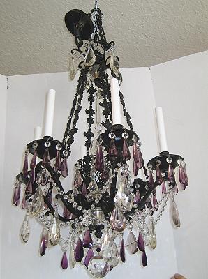 ANTIQUE FRENCH BRONZE & COLORED CRYSTAL CHANDELIER